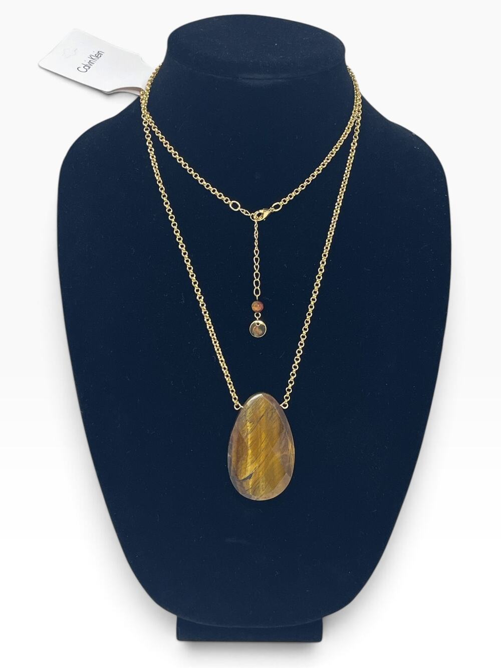 Calvin Klein Gold Tone Tiger’s Eye Teardrop Pendant Long Necklace NWT